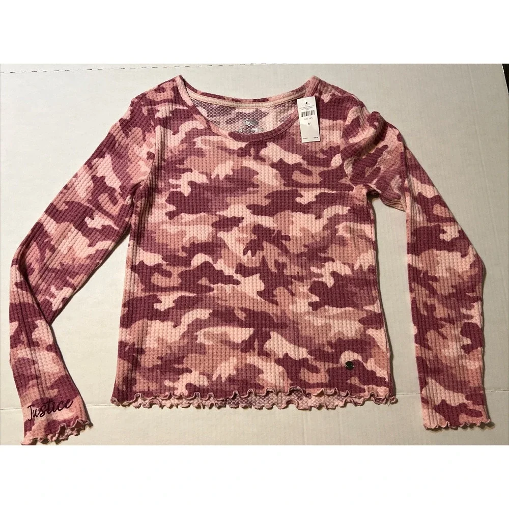 Justice Pink Camo Waffle‎ Top Shirt Long Sleeve Girls Youth SZ 14 PL NEW